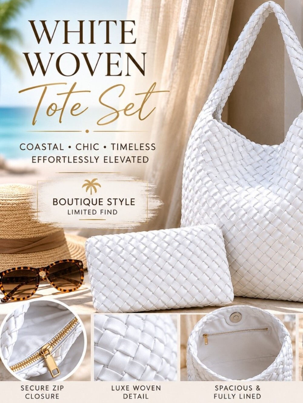 White Woven Coastal Resort Tote Set w/ Matching Pouch | Boutique Luxe Style